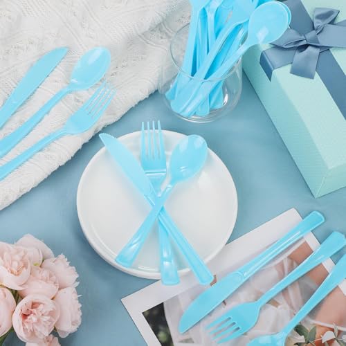 Kochorie 300 Pcs Light Blue Plastic Silverware, Disposable Plastic Utensils - color: Light Blue