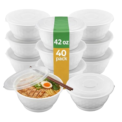 Disposable Noodle Bowls with Lids – 42 oz Microwaveable Ramen & Soup Containers, Leak-Resistant, BPA-Free, Stackable Food Storage for Restaurants & Takeout – 40 Sets, White - color: White, size: 42oz