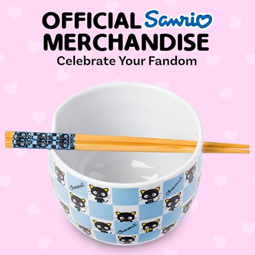 Silver Buffalo Hello Kitty and Friends Chococat Checkered Pattern Ceramic Ramen Noodle Rice Bowl with Chopsticks, Microwave Safe, 20 Ounces - color: Chococat Checkered, size: 20 Ounces (No Spoon)