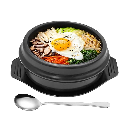 Korean Stone Pot Set with Tray and Stainless Steel Spoon, Ceramic Bowl for Bibimbap and Soup, No Lid (1500 ML (50 OZ))