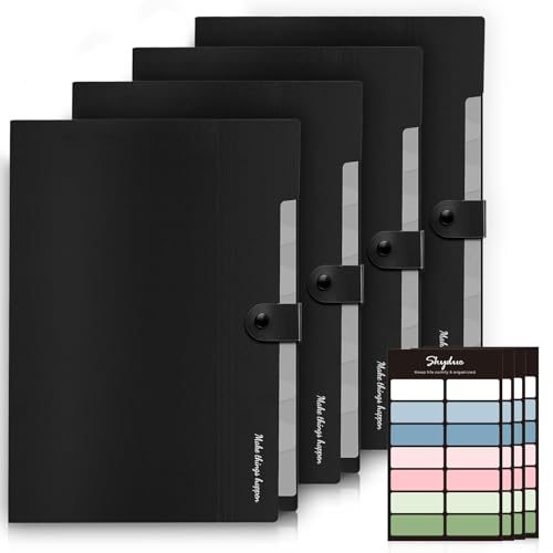 SKYDUE Expanding File Folders with Labels,8 Pockets Accordion File Organizer, Portable Document Paper Organizer, A4 Letter Size Filing Folder for Office, Pack of 4, Black - color: Black*4