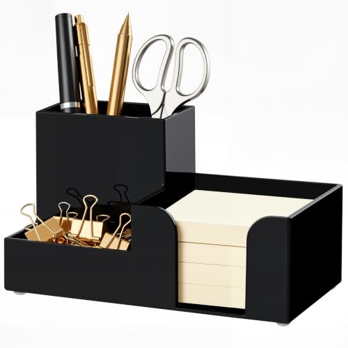 HBlife Acrylic Pen Holder for Desk, 3-Compartment Small Desk Organizer, Black Office Supplies Desk Accessories with Sticky Notes Holder Stores Post It Notes 3X3 for Office, Home and School - color: Black, size: 6.35”x 3.35” x 3.6”