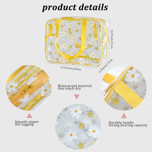 Flower Makeup Bag - Clear Printable Vinyl Cosmetic Pouch,11.81x4.3x8.26inches Waterproof Small Clear Gift Bags for Travel & Organizer (Yellow+White Flowers) - color: Yellow+White Flowers