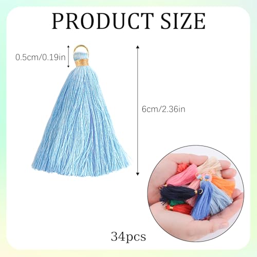 Mini Tassels Charm, 34pcs Golden Circle Mixed Color Mini Tiny Handmade Craft Tassels Charms for DIY Jewelry Necklace Making Accessories - color: 17 Colors-6.5cm