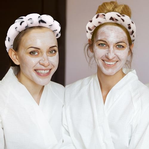 SPA Headbands for Washing Face Makeup Headbands with Bow Hair Band Women Facial Head Band Wrist Towel Wraps For Shower Face Mask Leopard, 6 Pack - color: Leopard