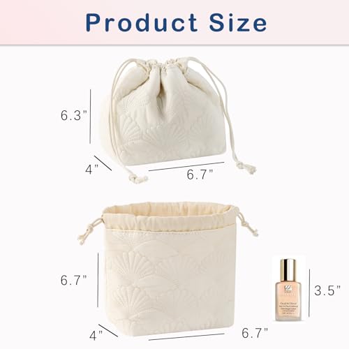 RSRSLEII Quilted Cotton Seashell Drawstring Makeup Bag, Toiletry Bag, White - color: Drawstring White