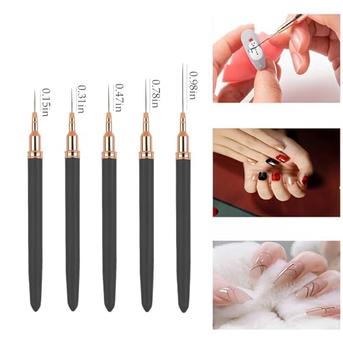 5Pcs Metallic Nail Art Liner Brush Set, UV Gel Polish Painting Tools for Long Lines, Thin Details, Fine Drawing, Sizes 4/8/12/20/25mm (Black) - color: Black