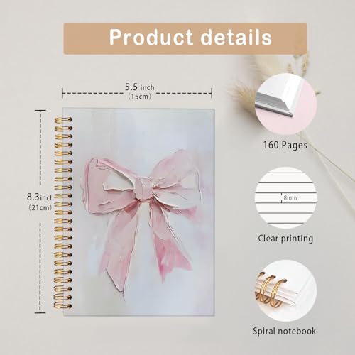 MOFUYU Pink Bows Notebook for Women,Coquette Pink Bow Spiral Notebook - color: white(Pink)