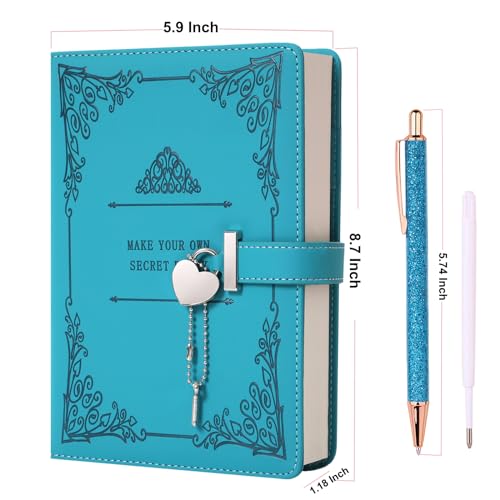 Heart-Shaped Lock diary with pen,A5 Size Soft PU Leather Locking Journal Personal Planner Writing Notebook Secret Notebook Gift for Adults,kids,Writers girls&women.(Lakeblue).
