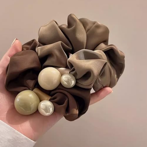 3PCS Fashionable Elegant Korean Scrunchies,Pearl Bead Hair Scrunchie,Satin Fabric Hair Accessories,Sparkly Ponytail Holder Handmade