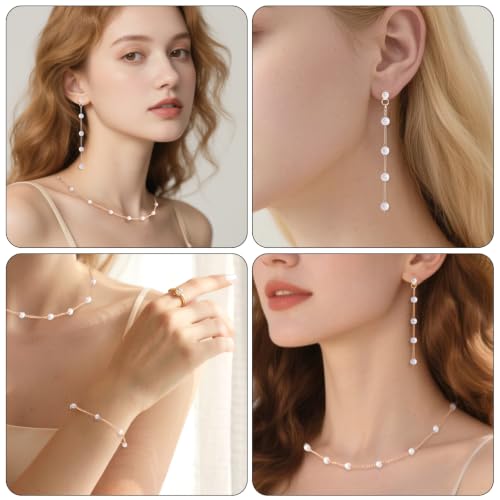 Gold Jewelry Set for Women Dainty 14K Gold Plated Pearl Choker Necklace Drop Earrings Bracelet Wedding Bride Graduation Gift