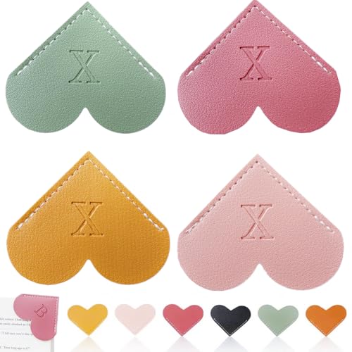 Personalized Leather Heart Bookmark, 26 Letters Customized Corner Book Mark for Reading Women, Book Marker with Initials，Cute Gifts (Light Pink+Deep Pink+Green+Light Brown, X) - color: Light Pink+deep Pink+green+light Brown, size: X