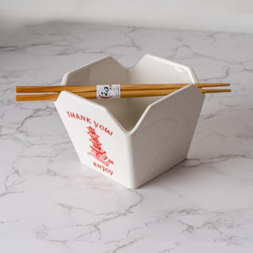 Urban Tokyo Chinese Takeout Box Style Porcelain Bowl With Chopsticks 18 fl oz Square Shape Rice Noodles Pasta To Go Box Shaped Bowl Microwave Dishwasher Safe (Classic Pagoda) - color: Classic Pagoda