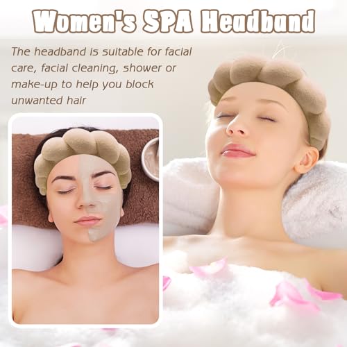 Zkptops Spa Headband for Washing Face Wristband Set Sponge Makeup Skincare Terry Cloth Bubble Soft Get Ready Hairband for Women Girl Puffy Padded Headwear Non Slip Thick Hair Accessory(Brown) - color: YR Brown