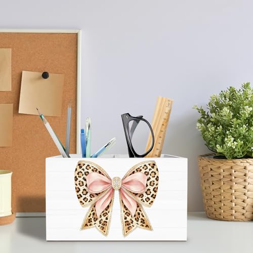 Coquette Pink Leopard Bow Pen Holder for Desk, Preppy Girly Pencil Organizer, Trendy Cheetah Print Bow Wooden Box Sign Desk Decor for Girls Bedroom Dorm Home Office Decoration - color: Pink Leopard Bow