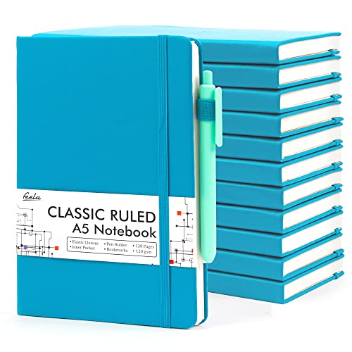 feela 12 Pack Notebooks Journals Bulk, Hardcover Notebook Classic Ruled Journal Set with Pen Holder for School Business Work Travel Writing, with 12 Black Pens, 120 GSM, 5.1”x8.3”, A5, Teal - color: 12 Teal