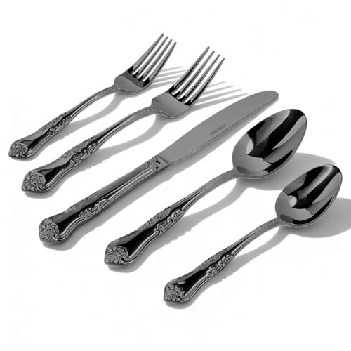 Silverware Set,Stainless Steel Flatware Cutlery Set with Floral Handles,Included Knife Spoon and Fork, Mirror Polished Cutlery Utensil Sets for Home Kitchen Restaurant Wedding, Party - color: Black, size: 20 pieces for 4