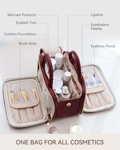 Prite Large Makeup Bag, Waterproof Travel Cosmetic Case with Brush Holder - color: Burgundy, size: Large