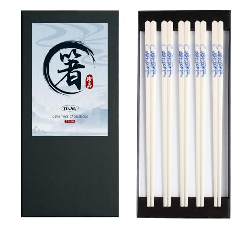 Porcelain Chopsticks Set of 5 Pairs, Reusable Bone Ceramic Chopsticks, Dishwasher Safe, Non-Slip Design, Elegant Gift Box for Family or Restaurant Use (peony) - color: peony