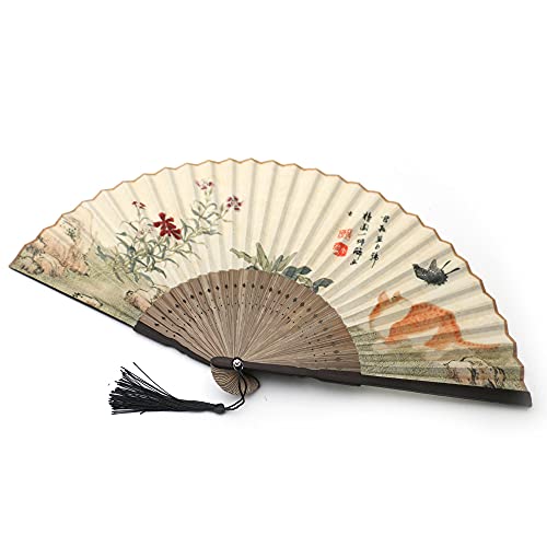 Japanese Style Folding Hand Fan for Women with Fabric Sleeve & Tassel, Handcrafted Bamboo Accessory with Butterfly, Floral & Cat Painting, Portable Cooling Tool for Gifts, Dance, Wedding - color: Butterfly, Floral & Cat