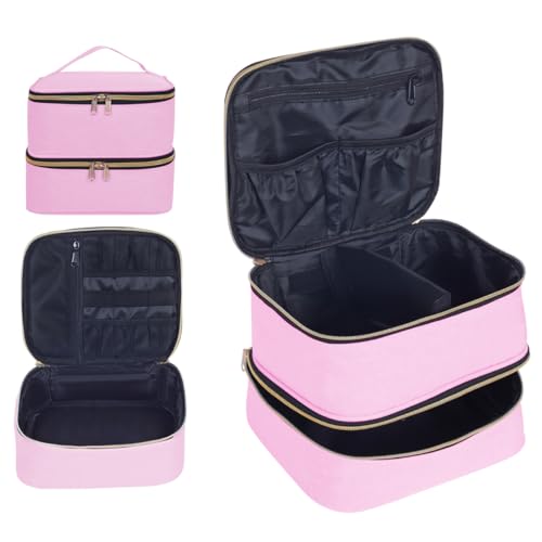 Double Layer Makeup Bag with Adjustable Dividers, PinkGold - color: Pink Gold