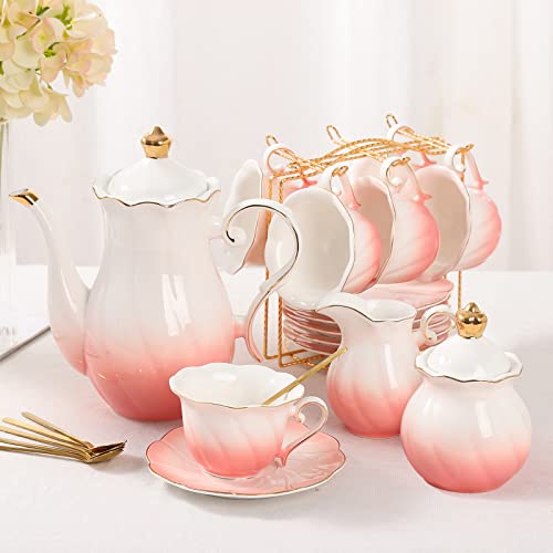 DUJUST 22 pcs Porcelain Tea Set for 6, Luxury British Style Tea/Coffee Cup Set with Golden Trim, Beautiful Tea Set for Women, Tea Party Set, Gift Package (With a Stand) - Gradient Pink - color: Gradient Pink