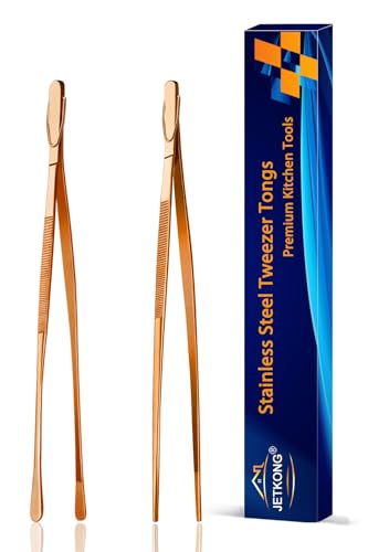 JETKONG 2 Pcs 9-Inch Kitchen Tweezers Cooking Tweezer Tongs Stainless Steel Food Tweezers (Rose Gold) - color: Rose Gold, size: 9+9 Inch