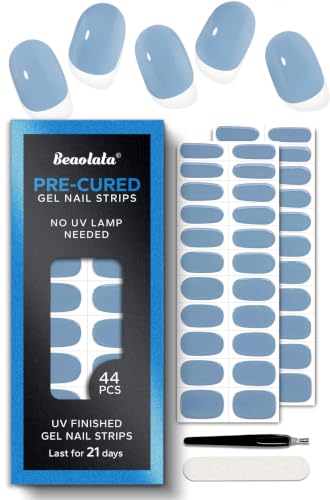 Real Gel Nail Strips (No UV Light Needed) - 44Pcs Salon Quality Nail Stickers - Long Lasting Polish Wraps for Women, Easy Apply & Remove (Moss Blue) - color: Moss Blue