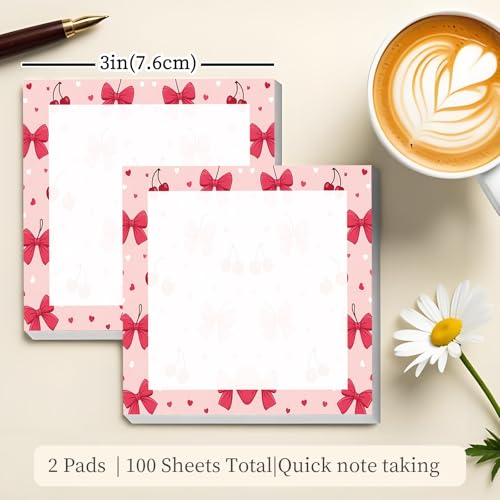 Sticky Notes 3x3 Inches, Cute Self-Stick Note Pads, Funny Memo Pads, Easy to Post Sticky Notes for Office, Home & Notebook Cute Pink Bow Cherry - color: Cute Pink Bow Cherry
