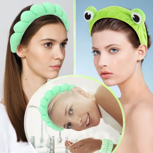 Spa Headbands and Wristbands - 6 Pcs Terry Cloth Sponge Headband Set for Skincare, Makeup Removal, and Shower - color: Frog