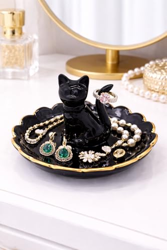 ROSA&ROSE Cat Ring Holder Trinket Tray Ceramic Jewelry Dish Porcelain Ring Organizer,Gift for Women,Girlfriend,Wife,Birthday or Anniversary(Black bow) - color: BowTie Cat Black