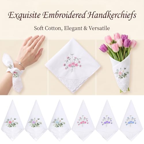 6Pcs White Handkerchief, Women's Handkerchief with Lace, Floral Embroidered Cotton Handkerchiefs with Bow Edge for Wedding, Bride, Party, Daily Use (11 inch)