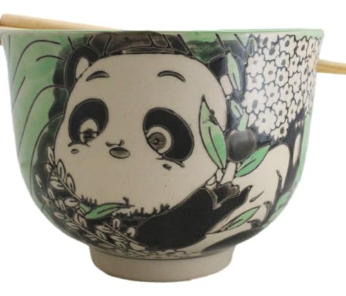Ebros Gift Artistic Donburi Ramen Udon Noodles Soup Salad 5" D 18Oz Bowl With Bamboo Chopsticks And Built In Rest Set Asian Dining Kitchen Accent (Green Playful Panda With Flowers) - color: Green Playful Panda With Flowers