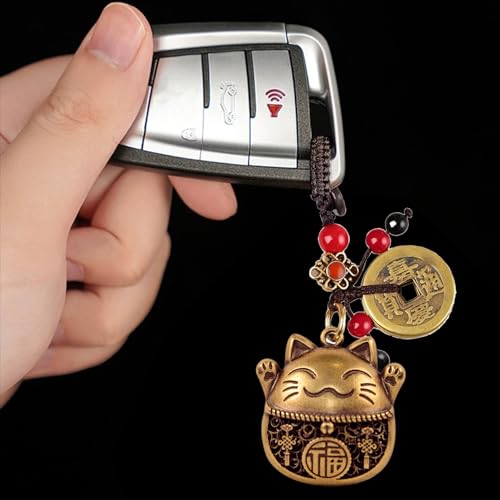 Lucky Cat Charms,Maneki Neko Brass Cat Keychain With Feng Shui Coins,Buddha Statue Kitty Good Luck Charms - color: Lucky Cat