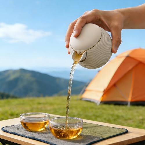 All-in-One Portable Travel Tea Kit, Ceramic Teapot with Removable Infuser, 2 High Borosilicate Glass Tea Cups, Non-Slip Silicone Sleeve & PU Leather Carry Pouch for Camping, Hiking, Office - color: Elephant Gray