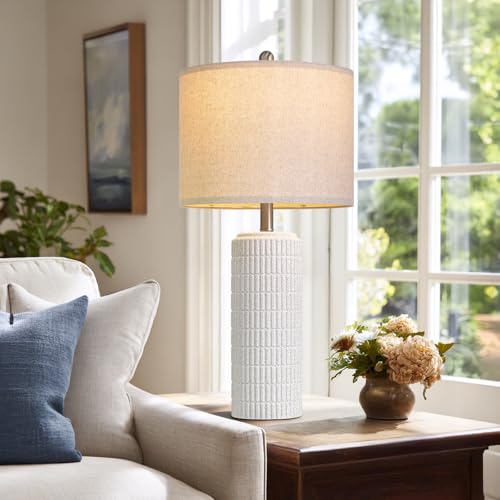 PoKat 27.5'' Tall Table Lamps for Living Room Set of 2, Stone-Like Ceramic Bedroom Lamps for Night Stands, Farmhouse Bedside Lamps for Bedroom Living Room, Nightstand Lamps for End Table, Hallway - color: Stone White