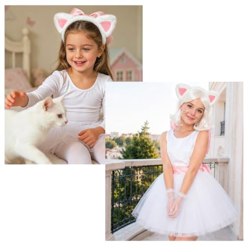 Fuzzy White Cat Ears Headband Pink Kitty Ears Cat Costume Headwear - color: White Pink Cat
