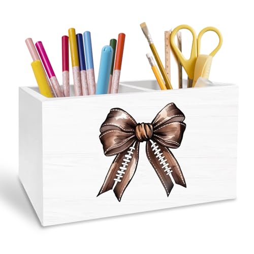 Coquette Football Bow Pen Holder for Desk, Football Lovers Players Gifts Pencil Organizer, Preppy Bow Sports Wooden Box Sign Desk Decor for Girls Dorm Home Office Decoration - color: Football Bow