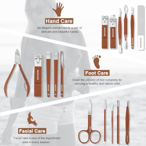 Manicure Set Professional Nail Clippers Pedicure Kit,16 pcs Stainless Steel - color: Brown