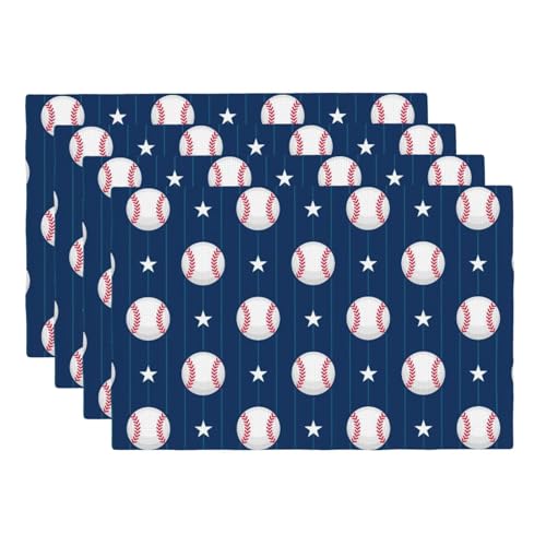Baseball Theme Placemats Rectangle Linen Table Placemet Set of 4 - color: Blue White, size: Set of 4