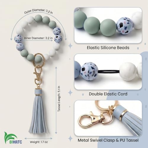BIHRTC Key Ring Bracelet Car Keychain Holder Wristlet Silicone Women Beaded Bangle Chains - color: Light Blue