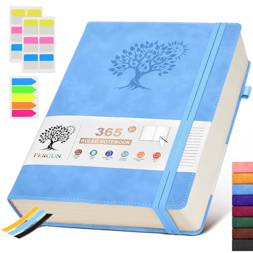 PERCUN A4 Lined Journal Notebook，365 Page Large Leather Journals for Writing Women Men，Hardcover Notebook with 100Gsm Thick Pages for Travel，Work，School，College Ruled, Daily Diary (8.5" x 11.4") - color: Blue, size: A4