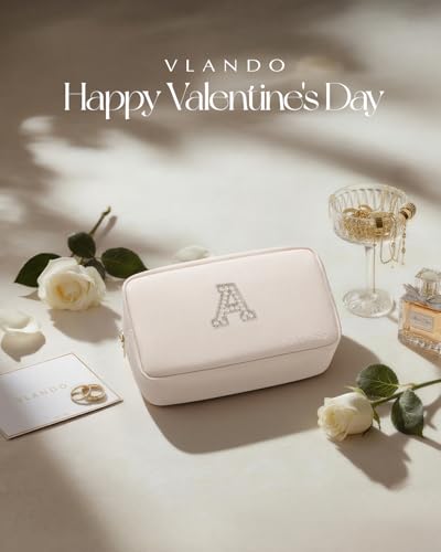 VLANDO Makeup Travel Bag with Pearl Monogram Patch,Beige A - color: 03-White-A