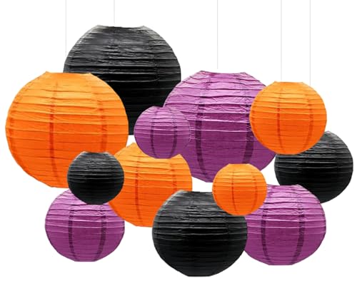Orange Purple Black Paper Lanterns Decorative 12pcs Halloween Hanging Decorations for Graduation Thanksgiving Birthday Party Decorations - color: black,orange,purple