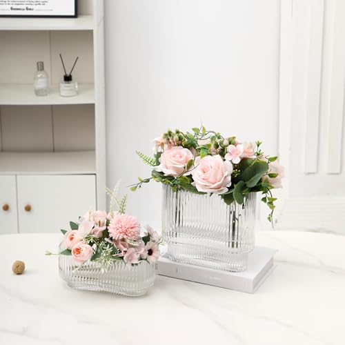 Short Glass Vases, Set of 2 Clear Glass Vases for Tulips, Ribbed Vase for Flowers, Modern Small Vase for Living Room, Dining Room, Bathroom, Desk, Shelf, Wedding, Office - color: Clear, size: Oval x2
