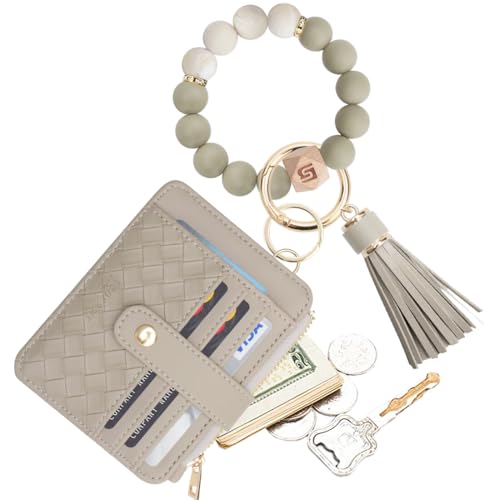 COOLANS Silicone Bracelet Wristlet Wallet Credit Card Holder RFID ID Window Key Ring Tassel Slim Wallet Women Keychain Purse - color: Grey