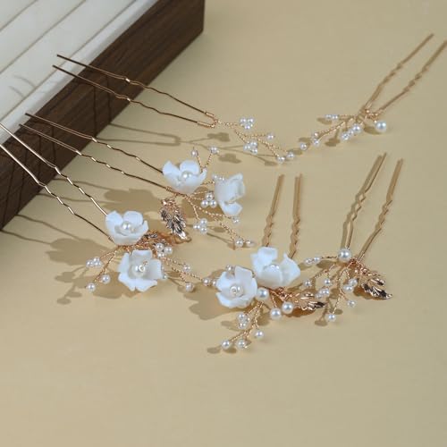 Handmade Pearl Bridal Wedding Hair Pins 6Pcs White Ceramic Flowers Gold Leaf Pearls Clips Wedding Hair Accessories for Women Brides Bridesmaid (Gold) - color: Gold