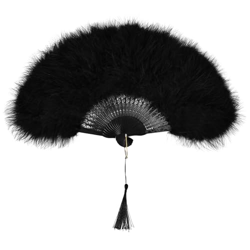 whitefeather Vintage Feather Hand Fan, 17.7 x 11.8 inches, Marabou Feathers, 1920s Style for Costume Parties, Tea Parties - color: Black