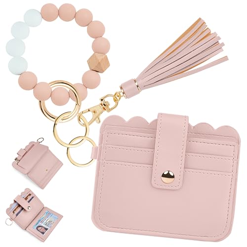 Wristlet Wallet for Women with Keychain – RFID Card Holder Small Wallet Wristlet with Key Ring - color: Pink, style: Classic