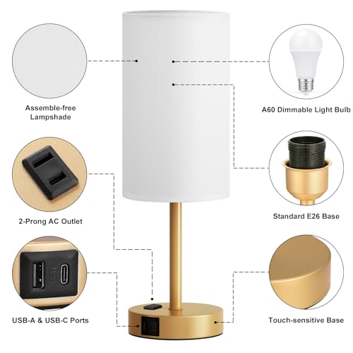Fenmzee 17.4" Gold Lamp for Bedroom - Dimmable Touch, USB A+C, AC Outlet - color: White - Gold, size: 17.4"